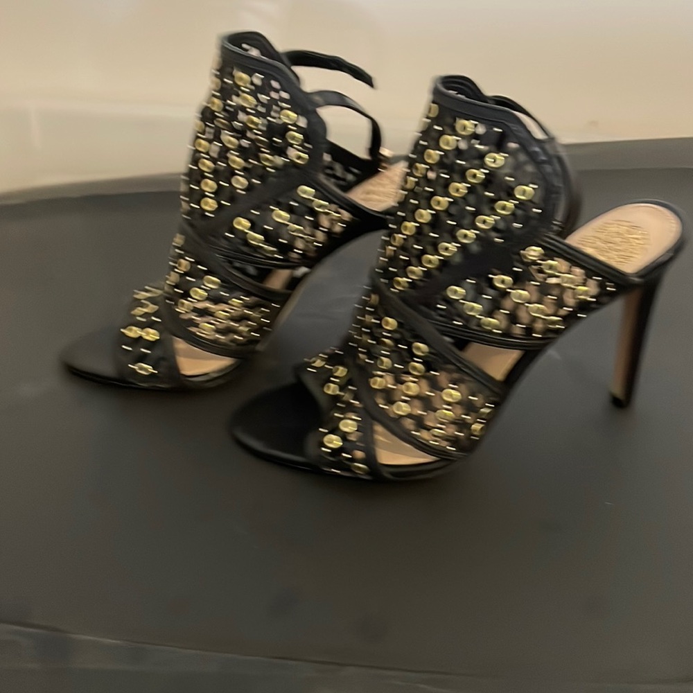 Women’s high heel sandals - black with gold detailing. 7.5
